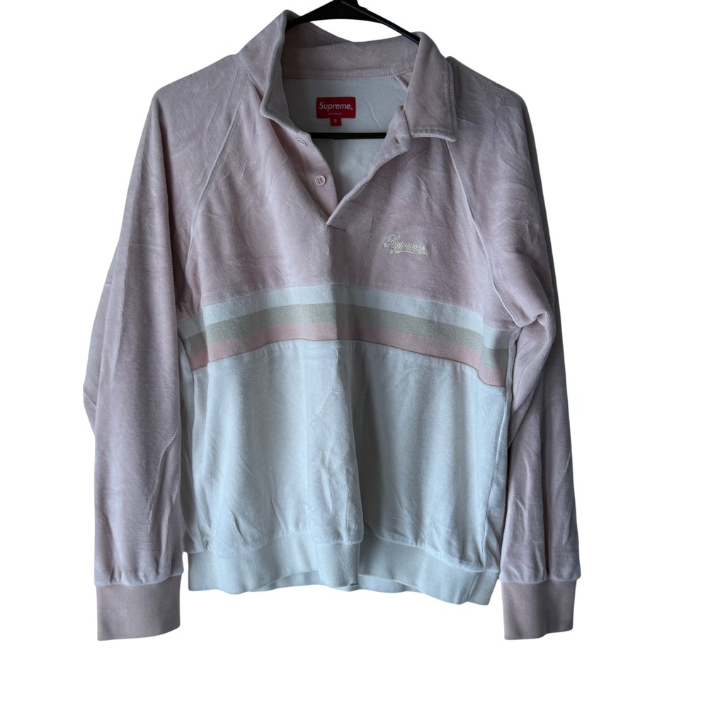 Supreme Y2k Velour Rugby Shirt Pink White‎ Striped Embroidered Logo Size S